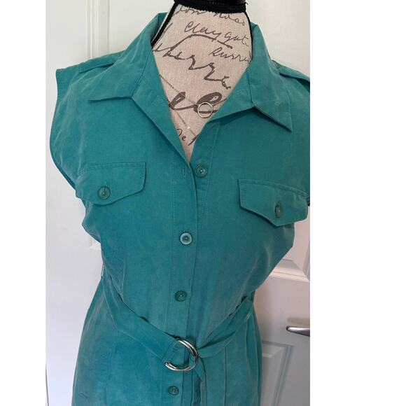 Vintage R&K Originals Women's sz 10P Button Down Shift Dress Turquoise Sash 90s - Picture 3 of 12